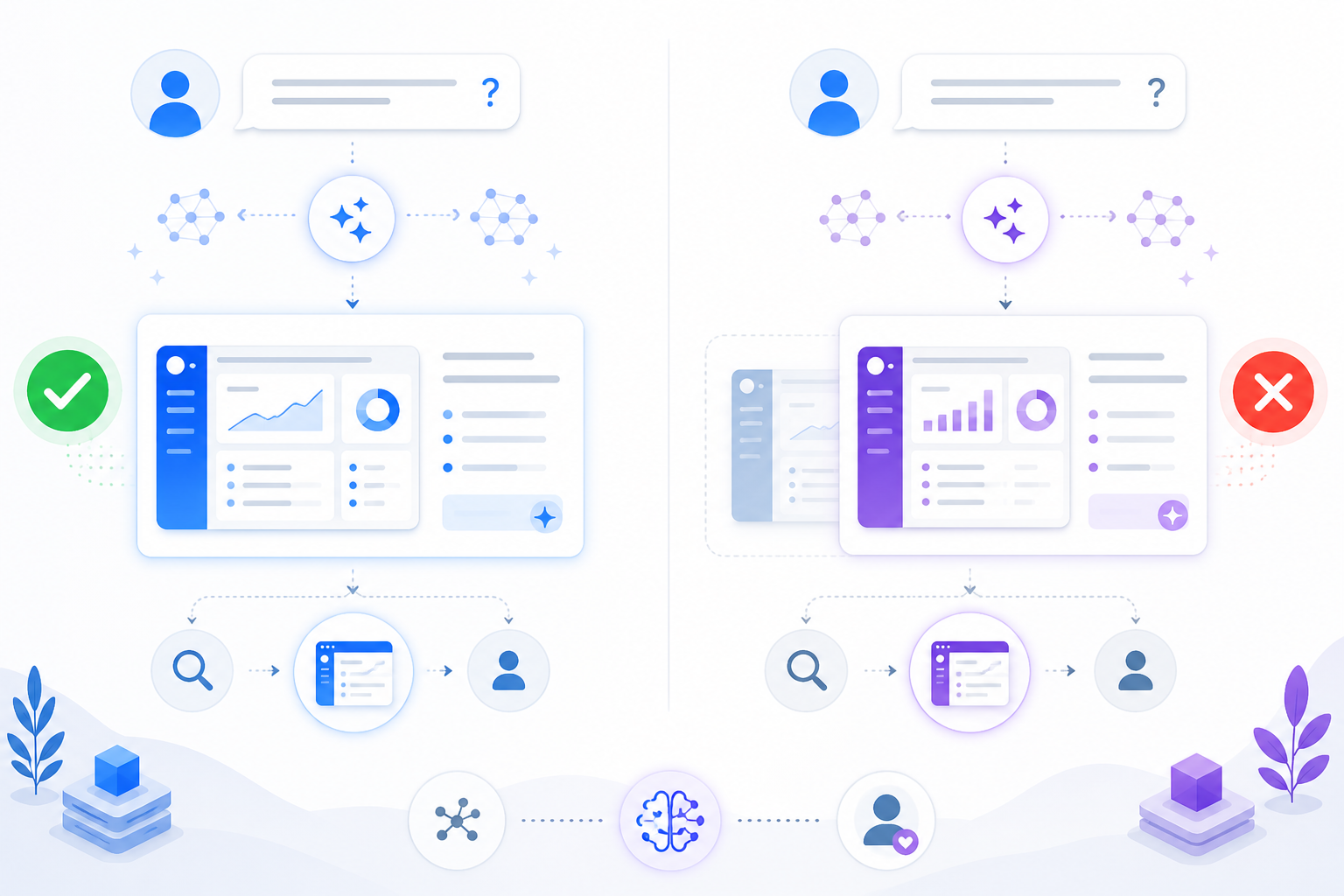 Infographic: A split-screen infographic: left side shows a brand appearing in an AI chat answer with a checkmark, right side shows a competitor appearing instead with the original brand greyed out and an X mark, conveying visibility risk for How AI Answer Engines Are Reshaping SaaS Buyer Journeys