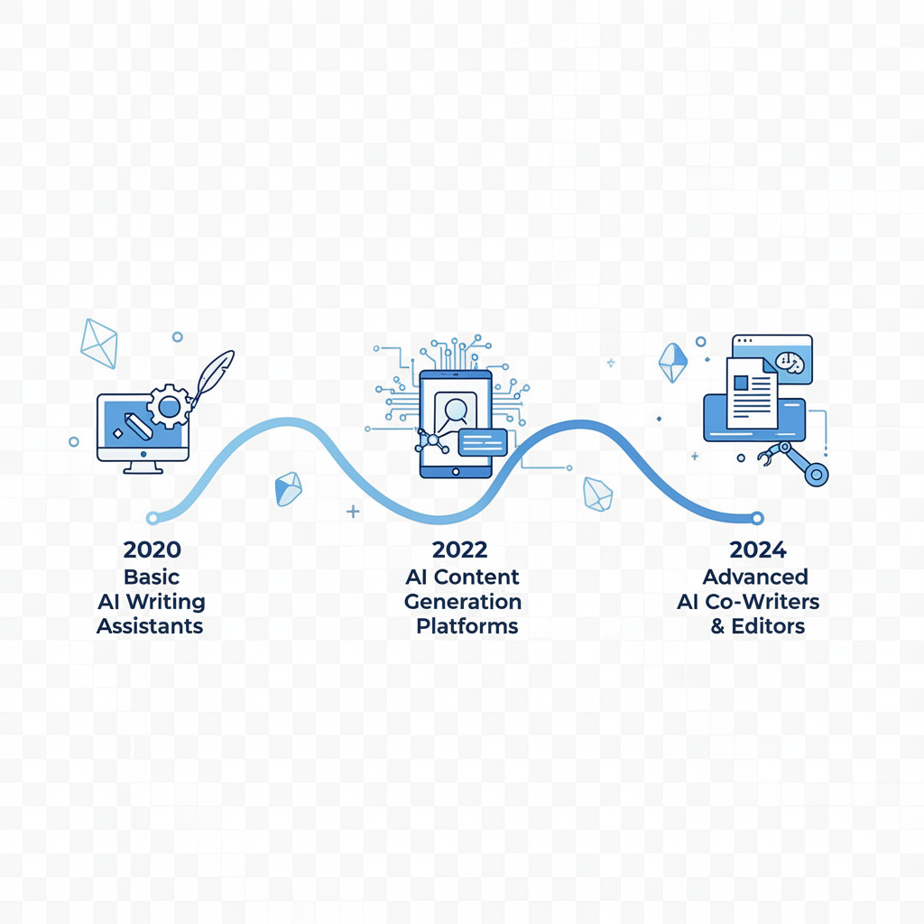 Infographic: An infographic showing the evolution of AI writing tools from 2020 to 2024, highlighting key milestones like self-improving systems, automated publishing, and quality scoring features for How AI Content Tools Are Changing Blogging in 2024