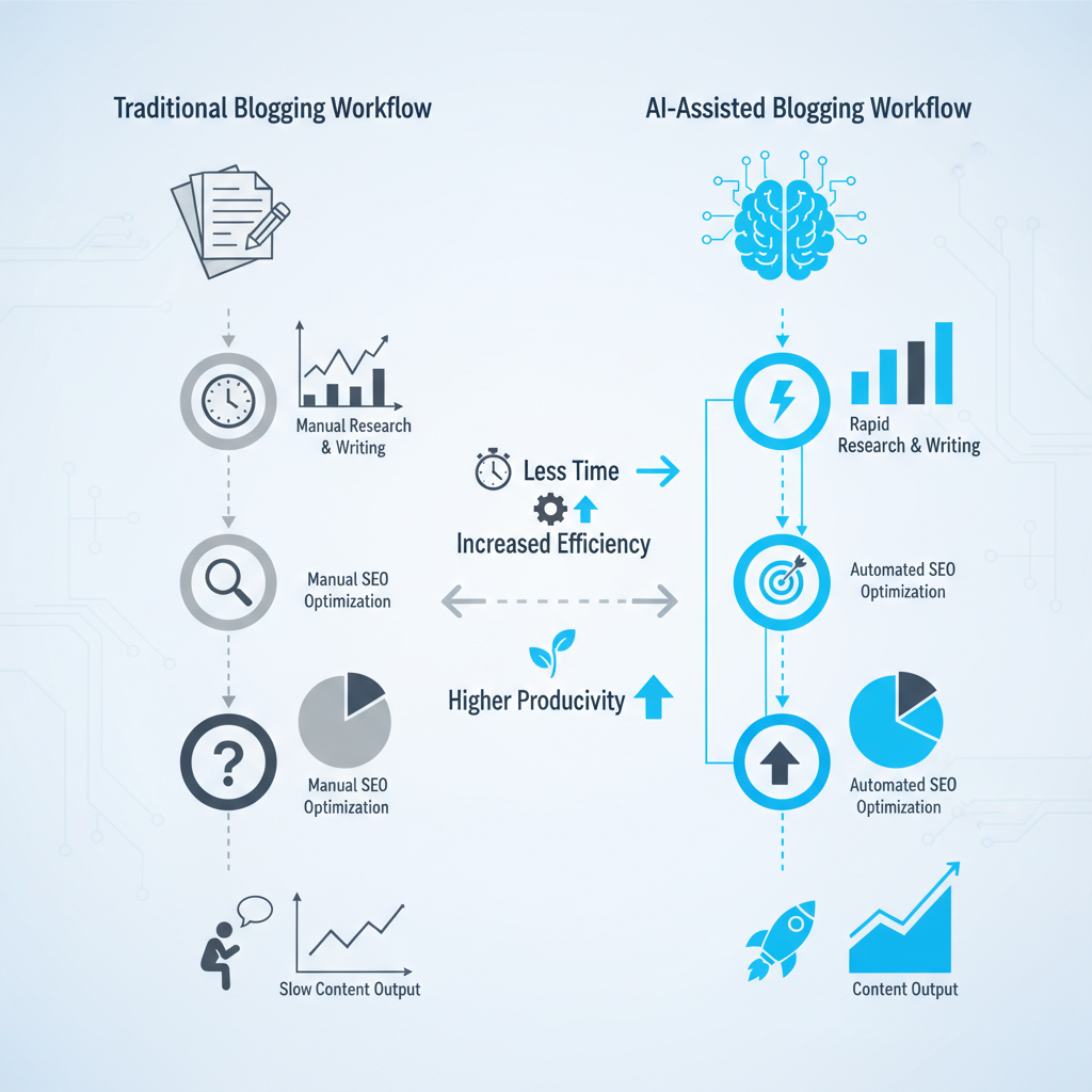 Chart: A clean comparison chart with two columns showing traditional blogging metrics versus AI-assisted metrics across categories like time, cost, and output volume for How AI Content Tools Are Changing Blogging in 2024