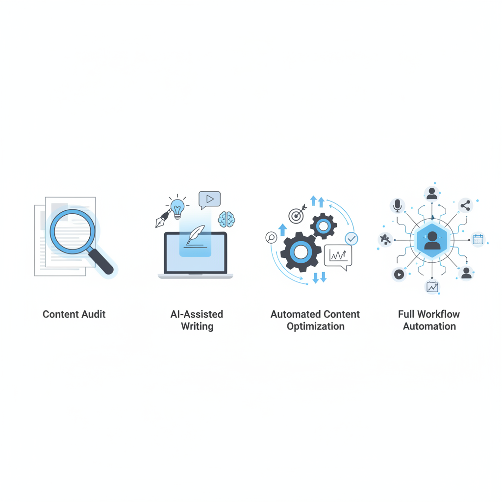 Illustration: A step-by-step implementation guide showing the progression from audit to full automation for How AI Content Tools Are Changing Blogging in 2024