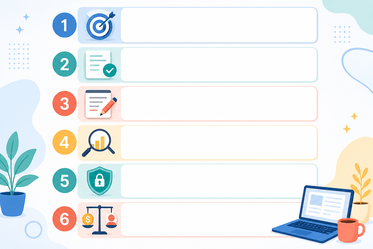 Illustration: A simple numbered checklist graphic showing six steps for selecting an AI writing assistant, icon-based with a friendly, approachable design for How AI Content Tools Are Reshaping Blogging in 2024