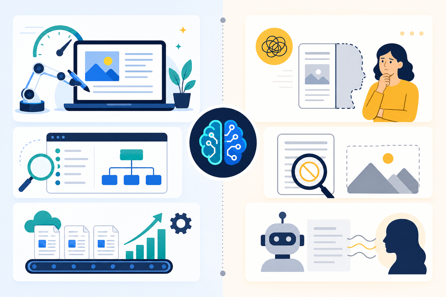 Comparison: A clean two-column comparison table graphic listing benefits of AI content tools (speed, SEO structure, scaling) versus limitations (brand voice, original research, nuance), minimal flat design for How AI Content Tools Are Reshaping Blogging in 2024