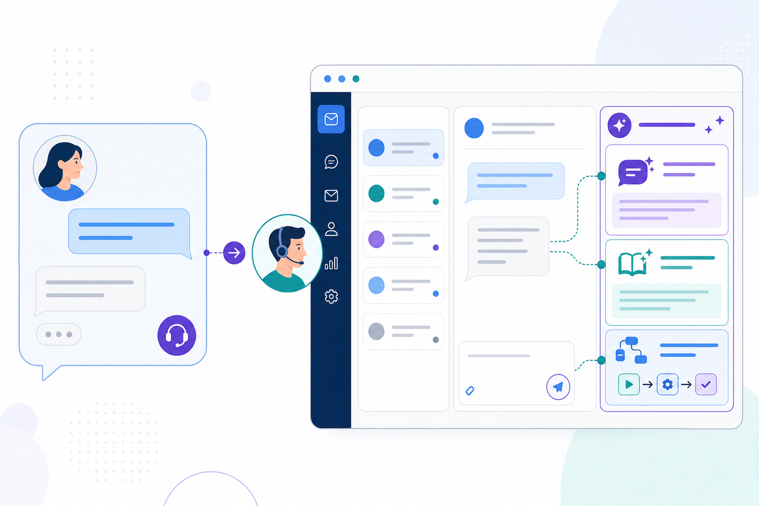 Diagram: Simple diagram comparing a customer-facing chatbot bubble versus an agent-facing AI copilot panel inside a support inbox, clean flat icons, labeled clearly for How AI Copilots Are Transforming Customer Support Workflows