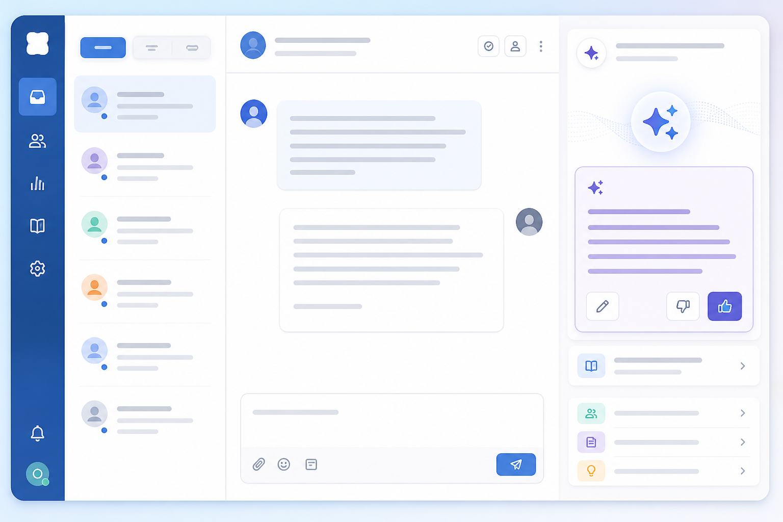 Illustration: style mockup of a shared inbox interface showing an AI-suggested draft reply highlighted next to a customer message, clean SaaS UI style for How AI Copilots Are Transforming Customer Support Workflows