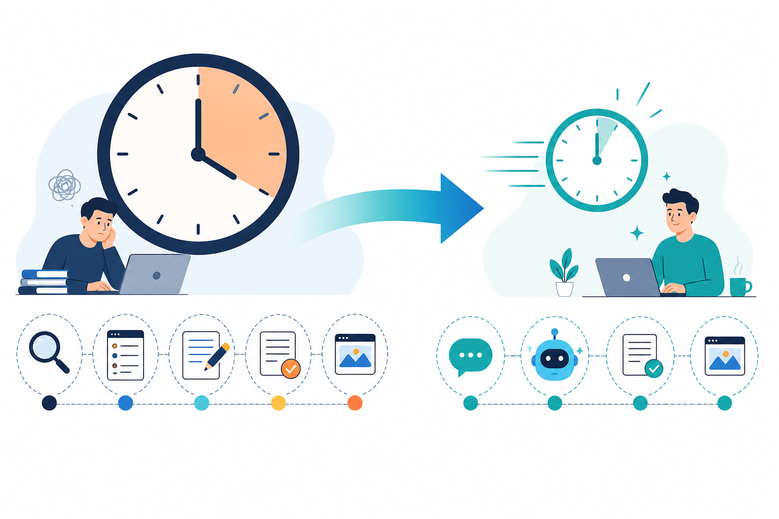 Diagram: A simple before and after diagram showing a traditional multi-hour writing timeline on the left transforming into a five-minute AI generation timeline on the right, connected by an arrow labeled AI content generation for How AI Cuts Blog Writing Time From Hours to Minutes
