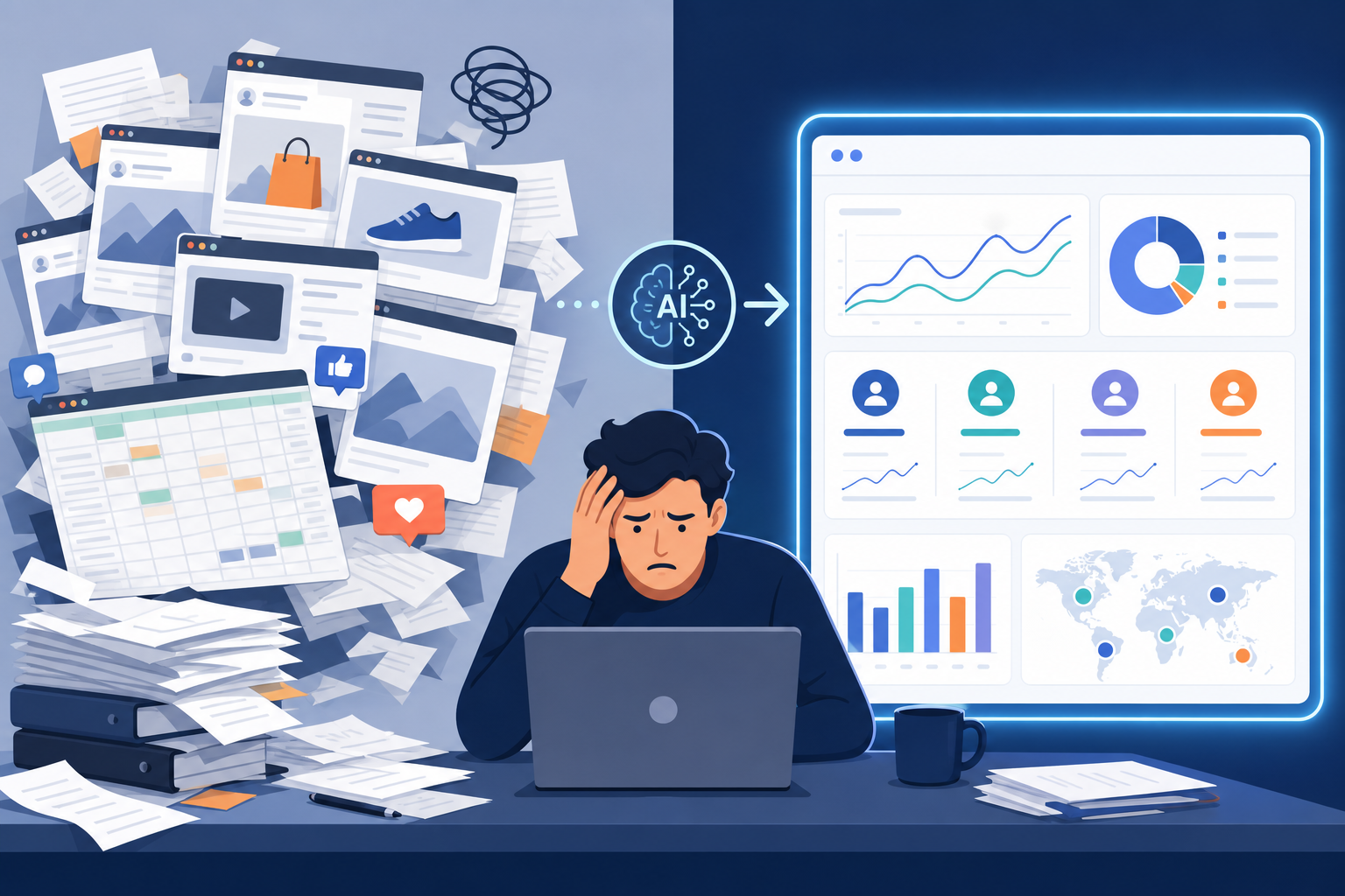 Illustration: A frustrated marketer surrounded by browser tabs, screenshots, and a messy spreadsheet trying to track competitor ads manually, flat illustration style for How AI Is Changing the Way Marketers Analyze Competitor Strategy