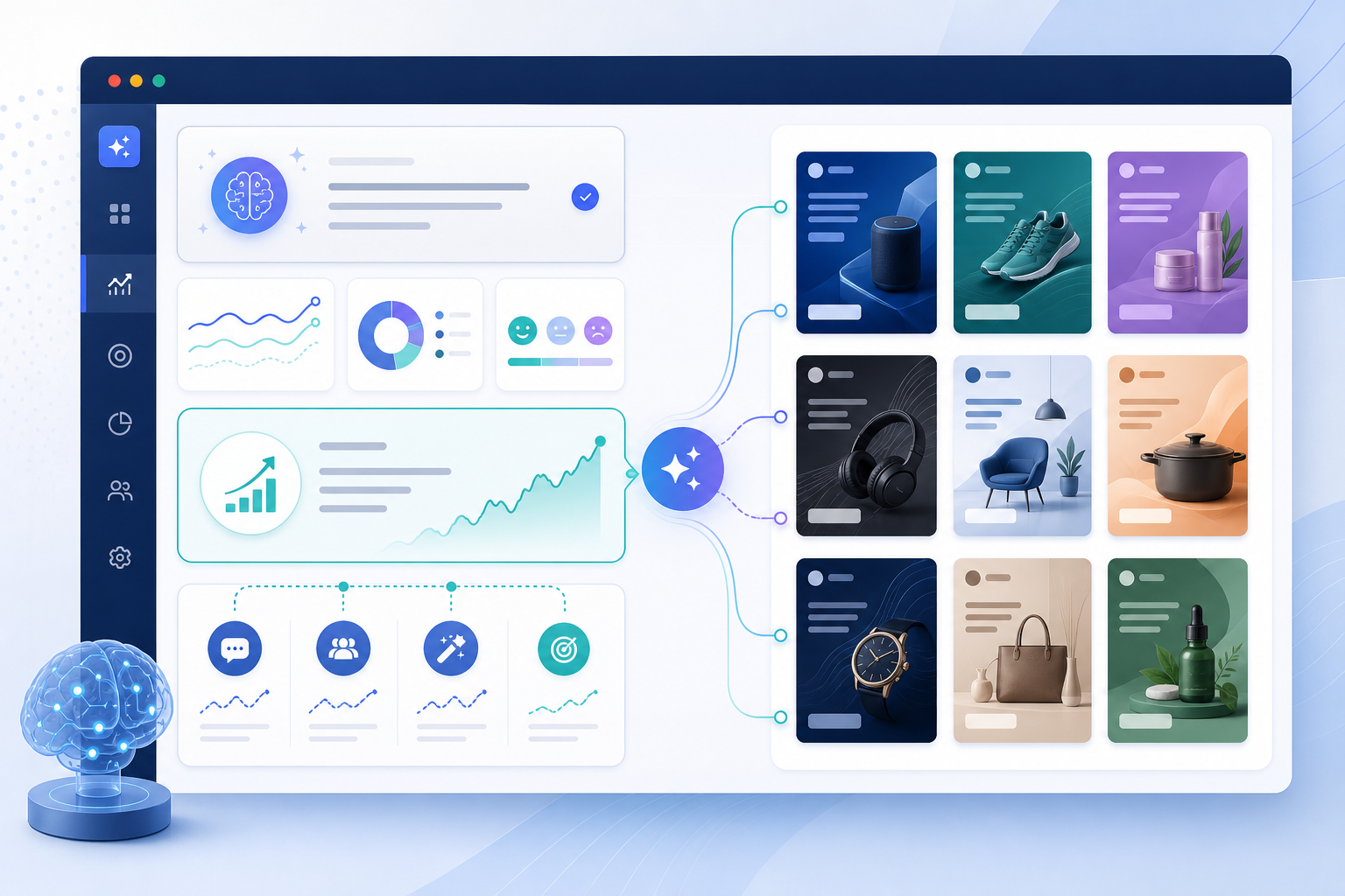 Illustration: A dashboard mockup showing an AI-generated strategic analysis panel next to a grid of competitor ad creatives, with callout text highlighting a detected messaging shift for How AI Is Changing the Way Marketers Analyze Competitor Strategy