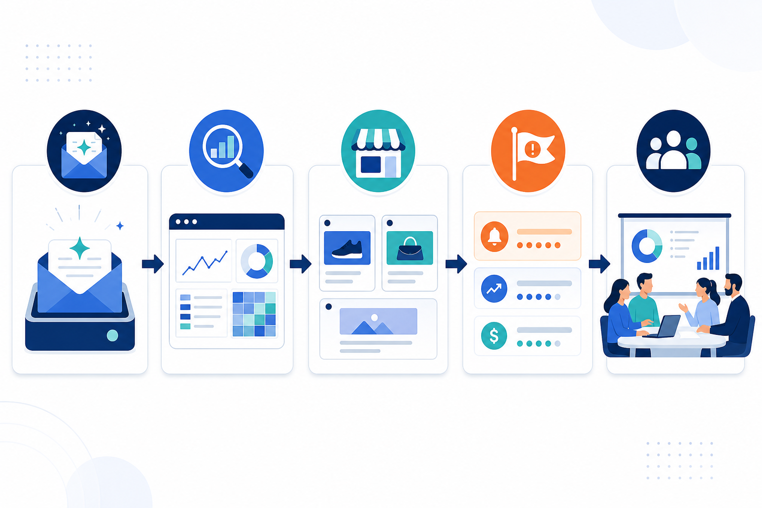 Chart: A simple flowchart diagram showing five steps of a media buyer's weekly workflow, from receiving an AI digest email to reviewing flagged competitor moves in a team meeting for How AI Is Changing the Way Marketers Analyze Competitor Strategy