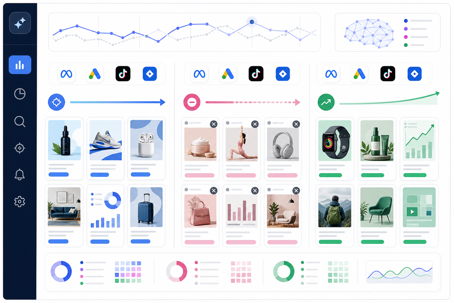 Infographic: An infographic showing a week-over-week diff view with three columns labelled 'New', 'Stopped', and 'Scaling', each with sample ad thumbnails and small icons indicating platform (Meta, Google, TikTok, LinkedIn) for How AI Is Changing the Way Marketers Analyze Competitor Strategy