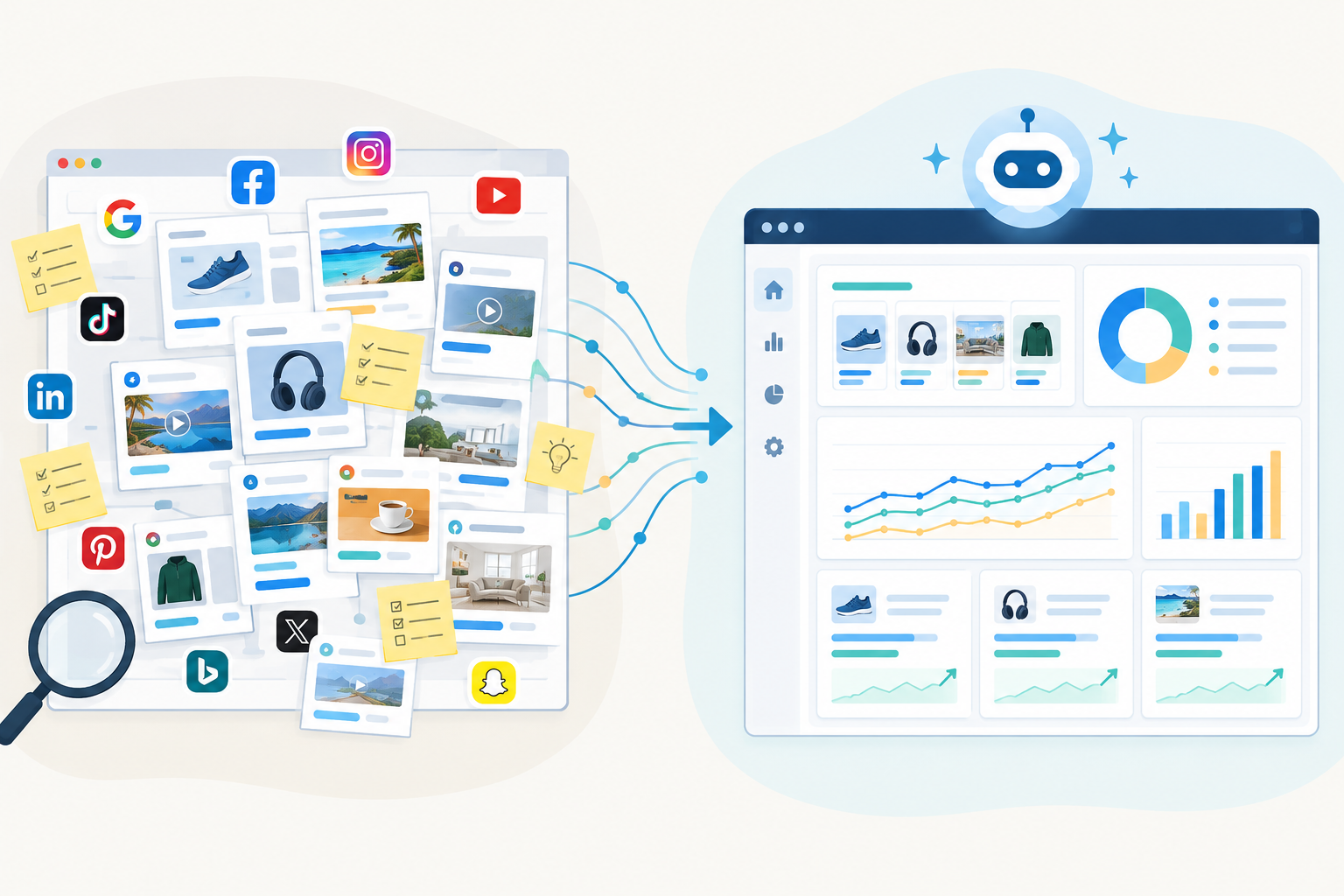 Illustration: A cluttered browser with many open tabs for ad libraries across Meta, Google, TikTok and LinkedIn, with scattered screenshots and sticky notes, contrasted with a neat single dashboard on the right for How AI Is Changing the Way Marketers Read Competitor Strategy