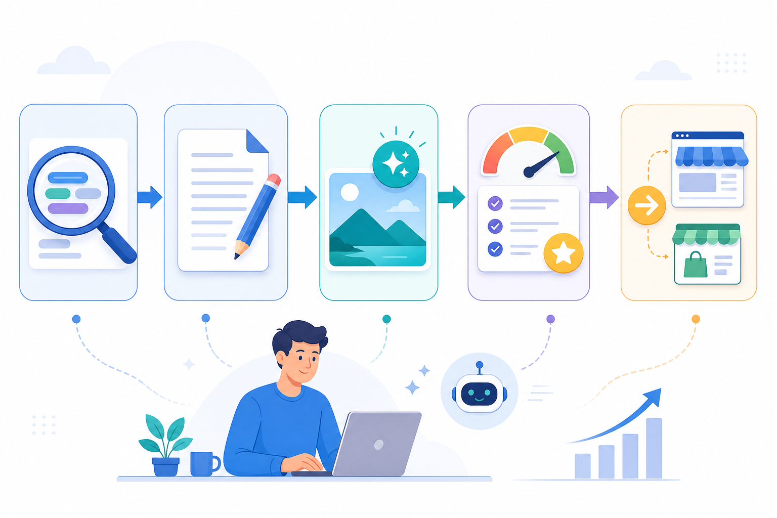 Diagram: A simple diagram showing the content creation pipeline: keyword research, drafting, image generation, quality scoring, and one-click publishing to platforms like WordPress and Shopify. for How AI Writing Assistants Help Freelancers Compete