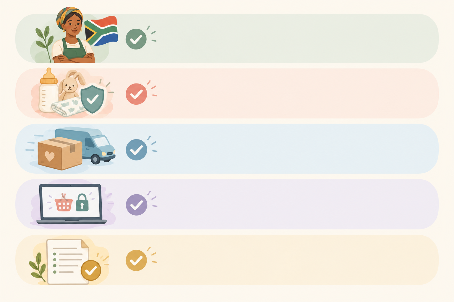 Infographic: Clean, friendly checklist infographic titled 'What we look for in a baby brand' with five icons: South African owned, quality and safety, reliable delivery, secure checkout on your own site, clear policies. Soft pastel palette with rounded shapes. for How bababloom Vets and Onboards South African Baby Brands
