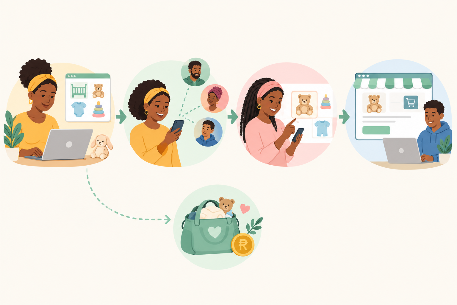 Diagram: Simple flow diagram showing a parent creating a registry, sharing it with guests, a guest choosing a gift and then checking out on the retailer's own website, with an optional R500 Hatch Bag donation branch. Friendly illustration style. for How bababloom Vets and Onboards South African Baby Brands