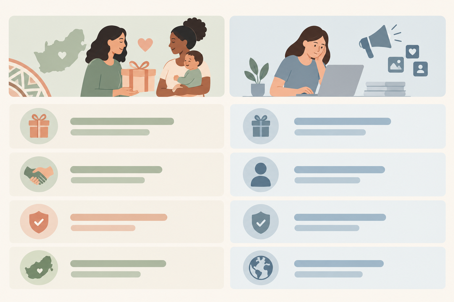 Comparison: Comparison table graphic contrasting selling through a curated local baby registry with relying only on your own marketing, covering gift intent, customer relationship, brand trust and local focus. Soft colours and clear, readable text. for How bababloom Vets and Onboards South African Baby Brands