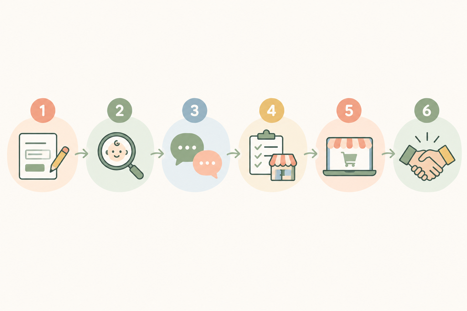 Diagram: Horizontal six-step process diagram showing the bababloom onboarding journey: apply, review, chat, approval and setup, go live, ongoing check-ins. Simple icons, numbered circles and pastel colours. for How bababloom Vets and Onboards South African Baby Brands