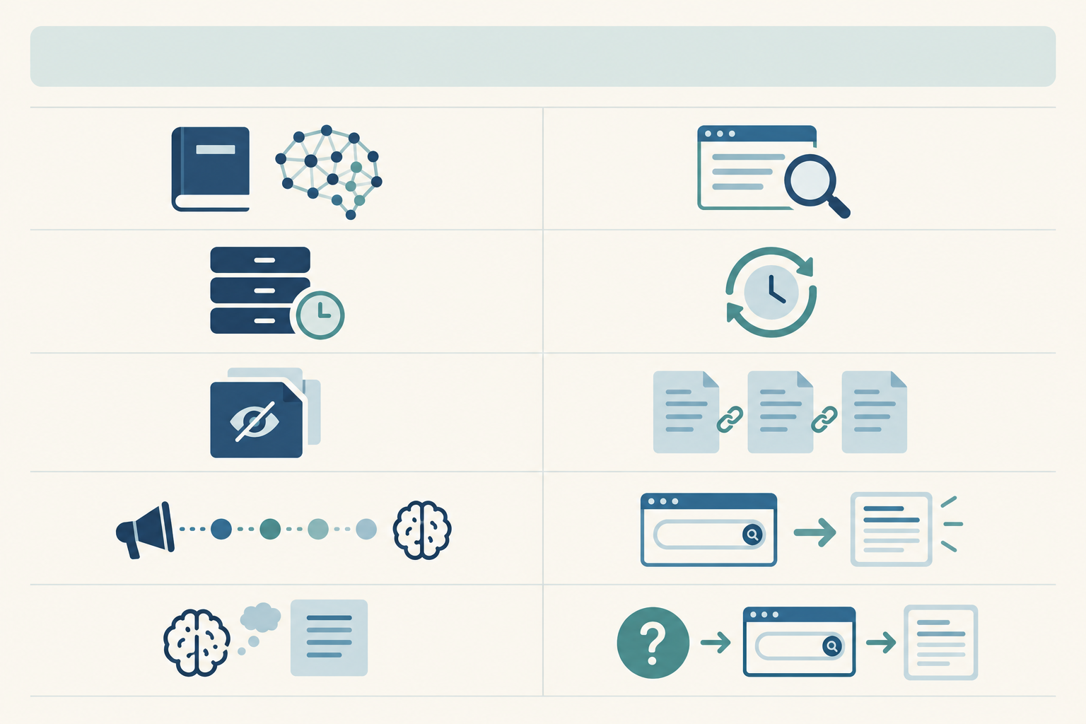 Comparison: Two-column comparison table graphic titled 'Model memory vs live retrieval' covering source of knowledge, update speed, visibility of citations, how quickly brands can influence it, and typical triggers, clean minimal styling for How ChatGPT Decides Which Brands to Recommend (and Why)