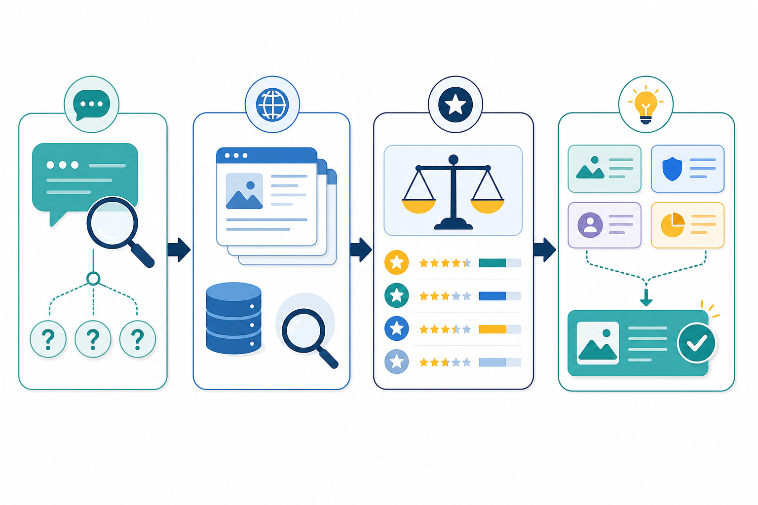 Chart: A horizontal step-by-step flowchart illustrating query interpretation, source retrieval, source scoring, and synthesis, with small icons at each stage and arrows connecting them for How ChatGPT Decides Which Brands to Recommend
