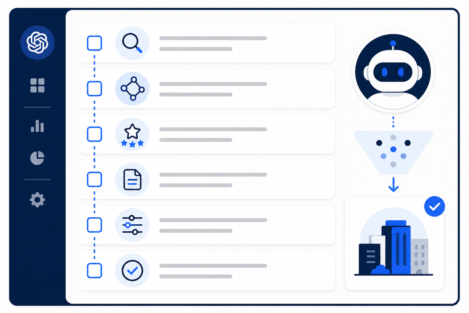 Infographic: A checklist-style infographic showing six actionable steps for generative engine optimization, each with a small checkbox icon and short label, in a modern SaaS dashboard aesthetic for How ChatGPT Decides Which Brands to Recommend