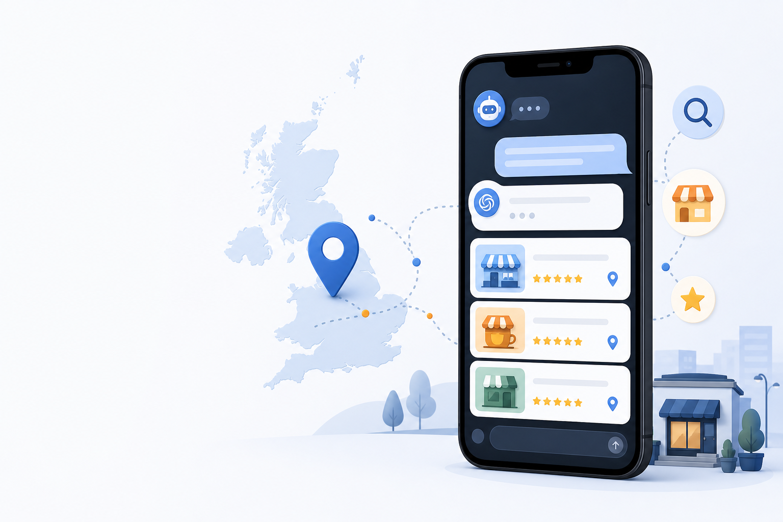 Illustration: Header illustration showing a smartphone displaying a ChatGPT conversation about local business recommendations, with a small UK map pin, clean modern editorial style for How ChatGPT Picks Which Local Businesses to Recommend