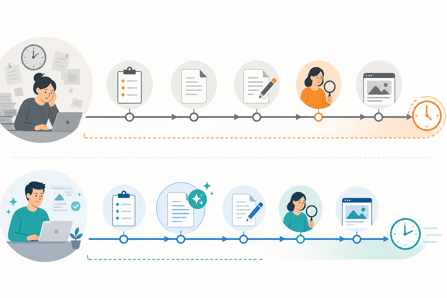 Infographic: An infographic showing content automation reducing production time, comparing a manual workflow timeline versus an AI-assisted workflow timeline, clean modern infographic style with icons. Caption: Illustrative comparison of manual versus AI-assisted drafting time; actual results vary by content type and review requirements. for How Digital Agencies Can Manage Content at Scale