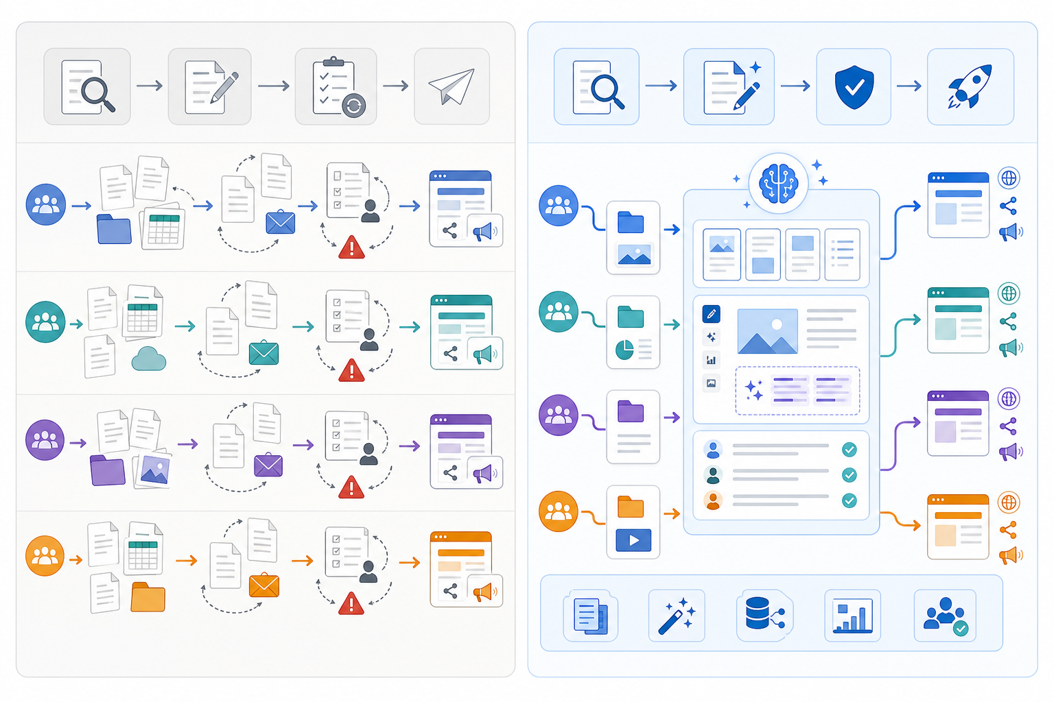 Comparison: Side-by-side comparison graphic showing a manual multi-client workflow versus an AI-assisted workflow across research, drafting, QA, and publishing for How Digital Agencies Manage Content for Multiple Clients