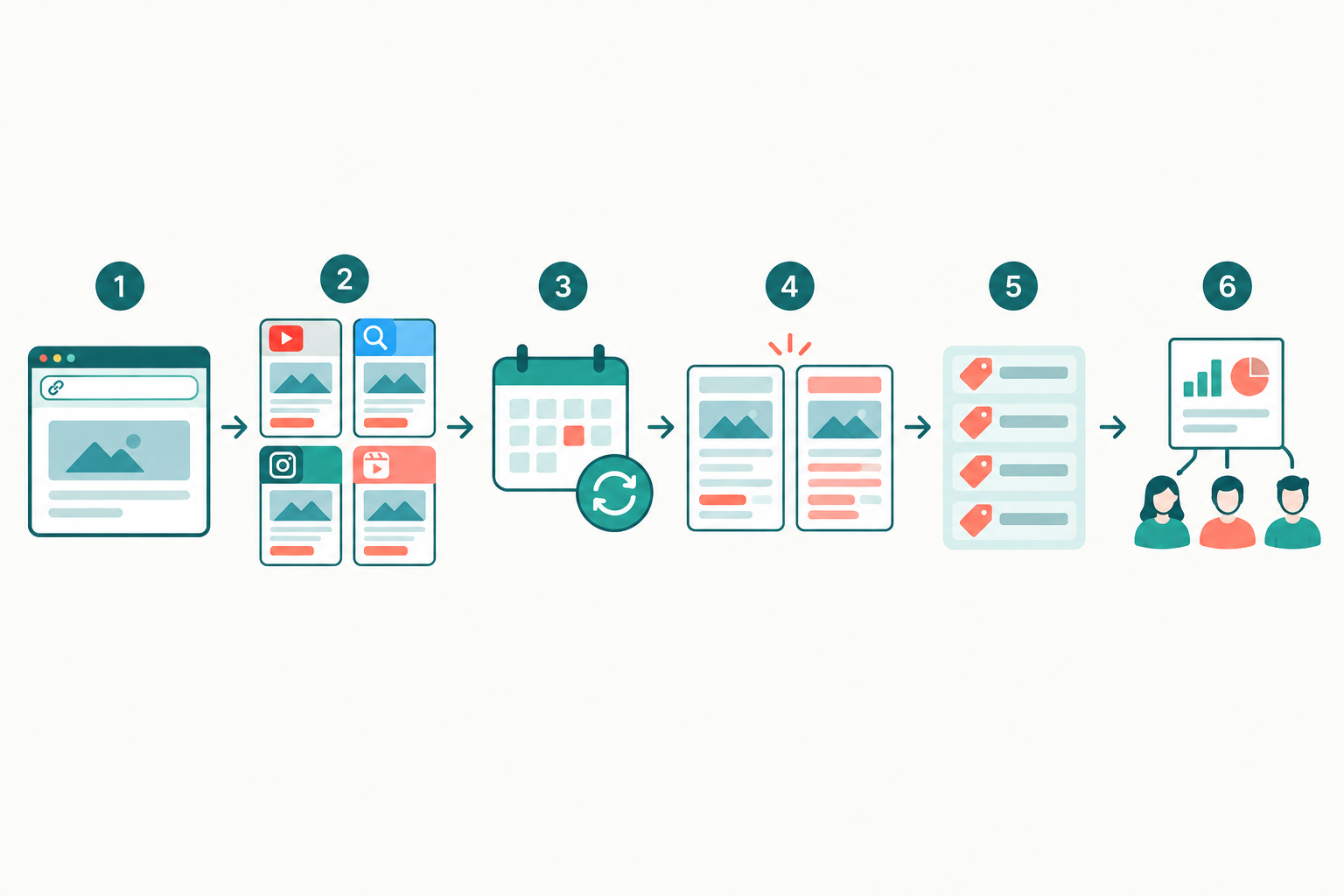 Diagram: Simple six-step flow diagram showing the automated promotion tracking process: add competitor website, auto-detect ads across Meta, Google, TikTok and LinkedIn, weekly fetch, week-over-week diff, log offers, share team summary. Clean icons, minimal labels, teal and coral palette for How DTC Brands Can Track Competitor Promotions Effortlessly