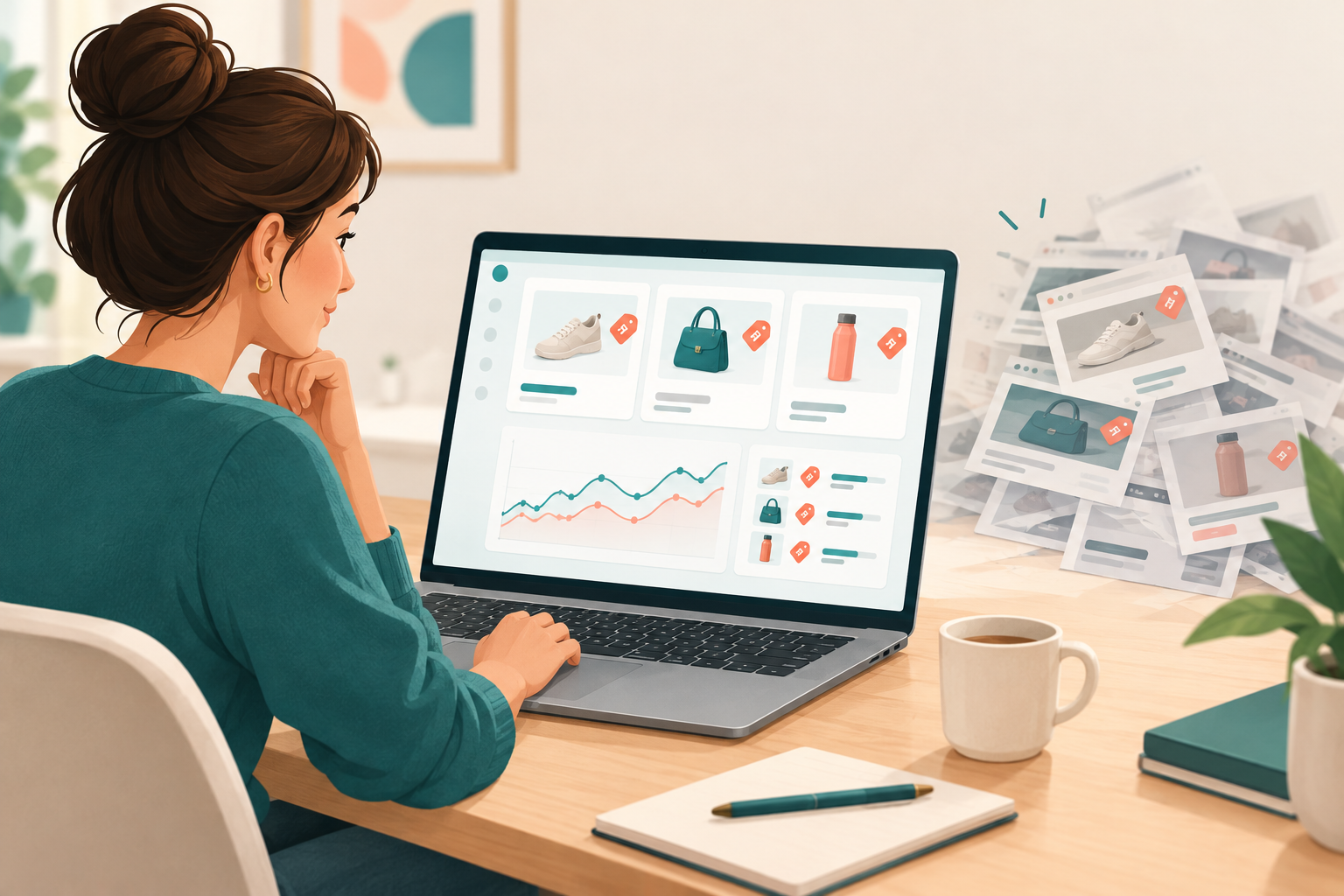 Illustration: Header illustration of a marketer reviewing a weekly dashboard of competitor promotions instead of a messy folder of screenshots, teal and coral palette for How DTC Brands Can Track Competitor Promotions Effortlessly