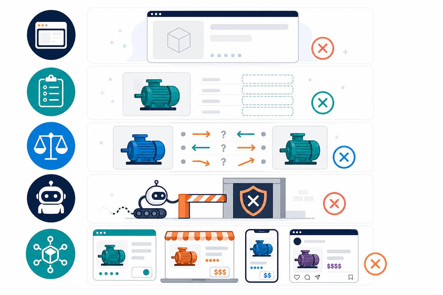 Infographic: An infographic listing five common e-commerce content mistakes that reduce AI citations, using simple icons for thin content, missing specs, unclear comparison content, blocked crawlers, and inconsistent product data across channels for How E-commerce Brands Can Improve Their AI Citation Rate