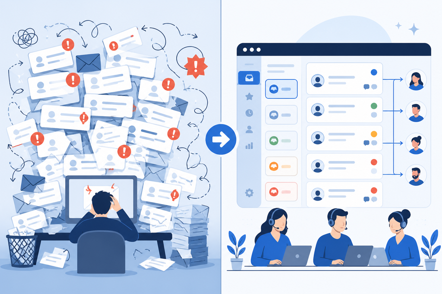 Comparison: A split-screen comparison showing a chaotic overflowing email inbox on one side versus an organized shared inbox dashboard on the other, clean flat illustration style, blue and white color scheme for How E-commerce Brands Scale Support During Peak Season
