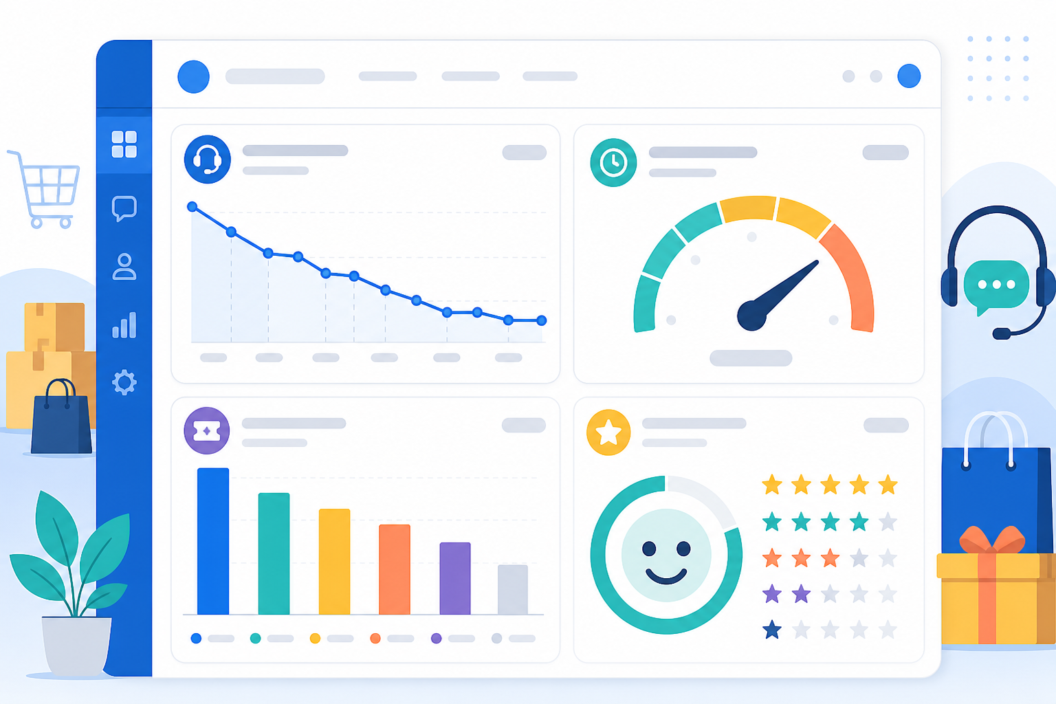 Infographic: A clean dashboard infographic showing key support metrics like first response time, resolution time, ticket volume by tag, and customer satisfaction score for How E-commerce Brands Scale Support During Peak Season