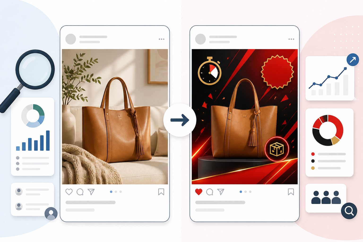 Comparison: A side-by-side comparison graphic showing a competitor's ad creative 'before' (brand storytelling) versus 'after' (urgency-driven Black Friday sale messaging) for How eCommerce Brands Can Spy on Competitor Black Friday Ads
