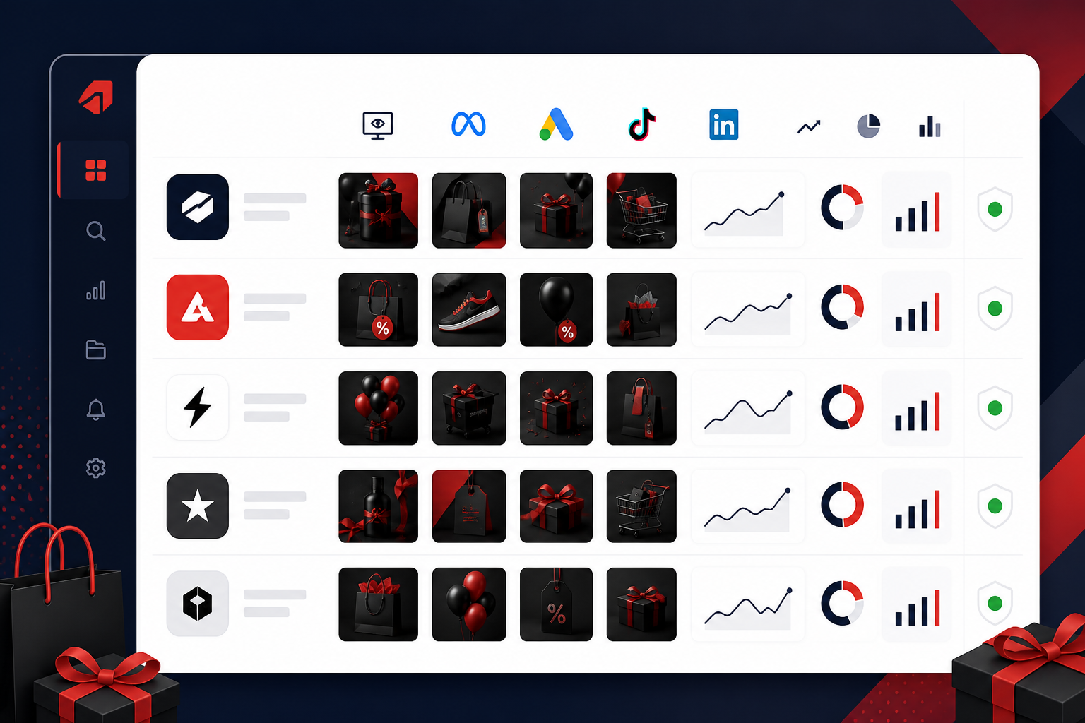 Illustration: A clean dashboard interface showing a list of tracked competitors with logos, platform icons for Meta, Google, TikTok, and LinkedIn, and a 'monitoring active' status indicator for How eCommerce Brands Can Spy on Competitor Black Friday Ads