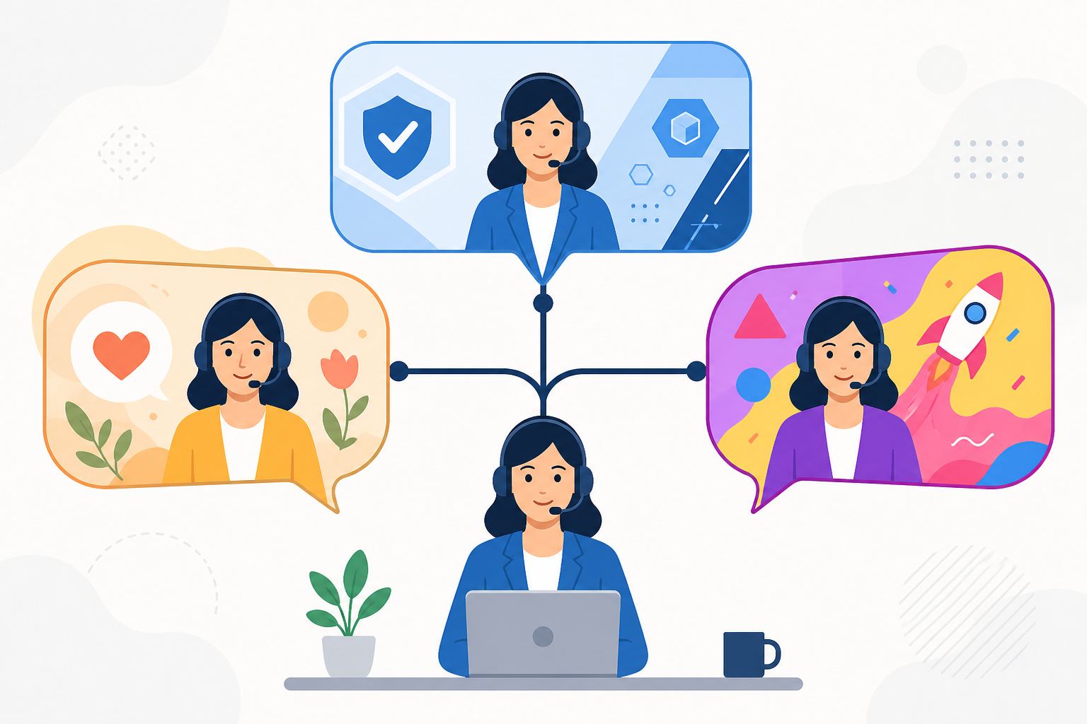 Diagram: Simple diagram showing one support agent icon with three speech bubbles in different tones/colors, illustrating how one person answering for multiple brands can unintentionally blend voice and tone. Alt text: "Illustration of a single support agent producing three different tones of reply for three different brands." Caption: "One agent, three brands, three very different voices—without a system, they start to merge. for How Multi-Product Companies Keep Support Tone Consistent