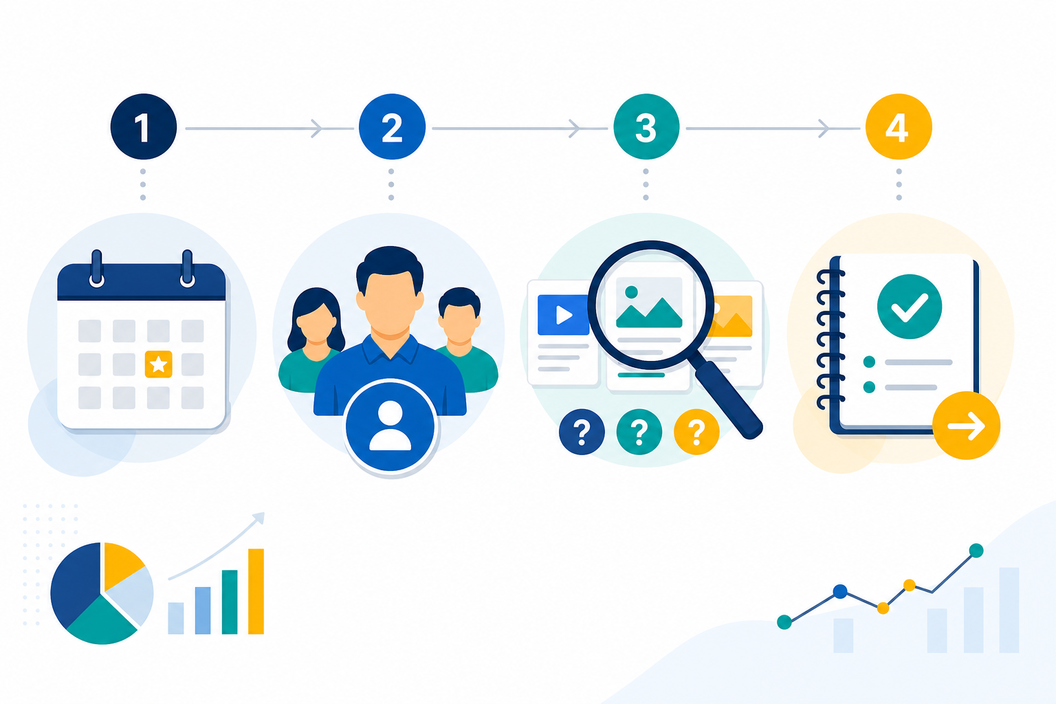 Infographic: A simple numbered checklist graphic showing a weekly workflow: calendar icon for 'pick a day,' person icon for 'assign owner,' magnifying glass for 'review three questions,' notebook icon for 'log confidence and action'—flat infographic style for How Often Should You Check Your Competitors' Ads?