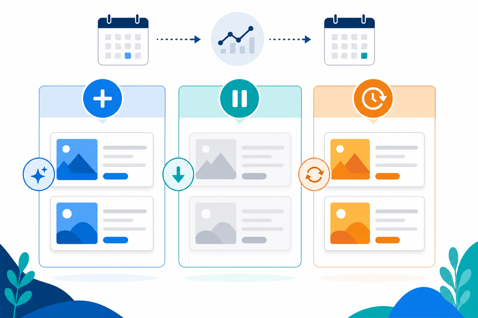 Chart: A simple week-over-week comparison chart showing three columns—'New Ads,' 'Stopped Ads,' 'Persistent Ads'—with sample icons representing each, clean flat infographic style in brand colors for How Often Should You Check Your Competitors' Ads?