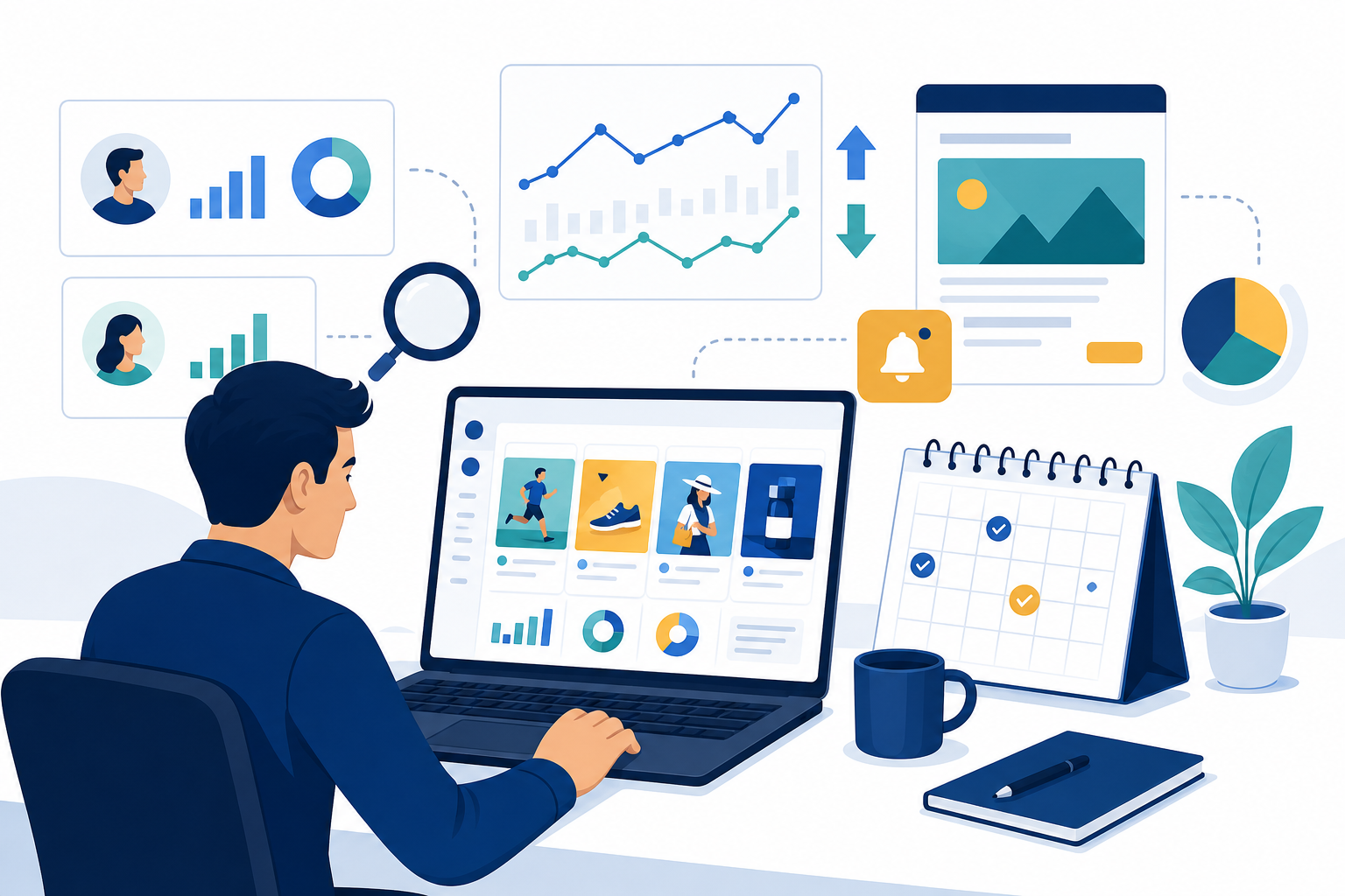 Illustration: Header banner showing a marketer reviewing a weekly competitor ad digest on a laptop, clean flat illustration style in brand colors for How Often Should You Check Your Competitors' Ads?