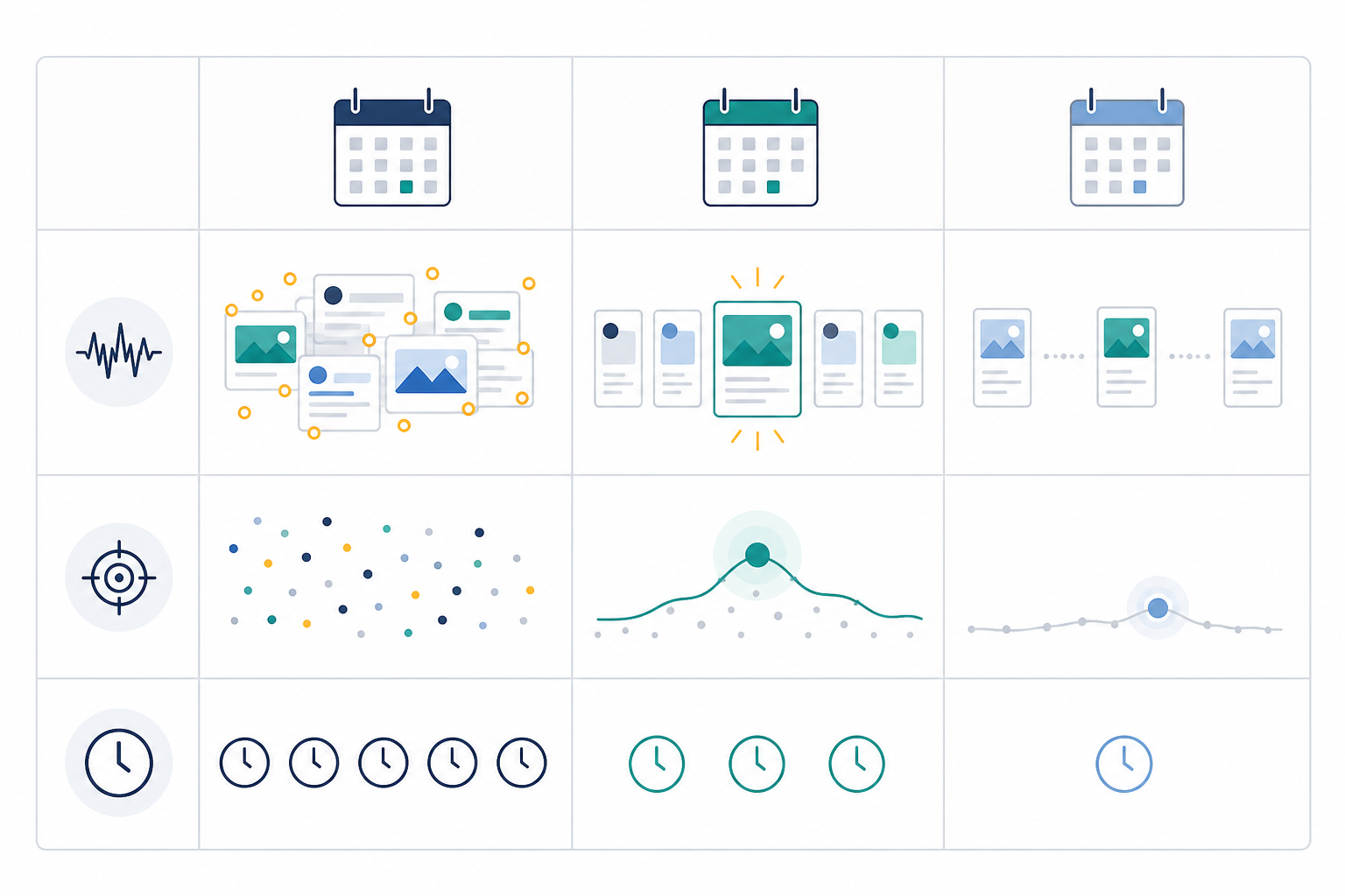 Comparison: A comparison table graphic contrasting daily, weekly, and monthly competitor ad monitoring cadences across columns for noise level, signal clarity, and time investment, minimal flat design with a light background. Caption: "Weekly monitoring generally offers the clearest signal for the lowest time cost—though the right cadence still depends on your category." Alt text: "Table comparing daily, weekly, and monthly competitor ad monitoring across noise, signal clarity, time investment, and risk. for How Often Should You Really Check Your Competitors' Ads?