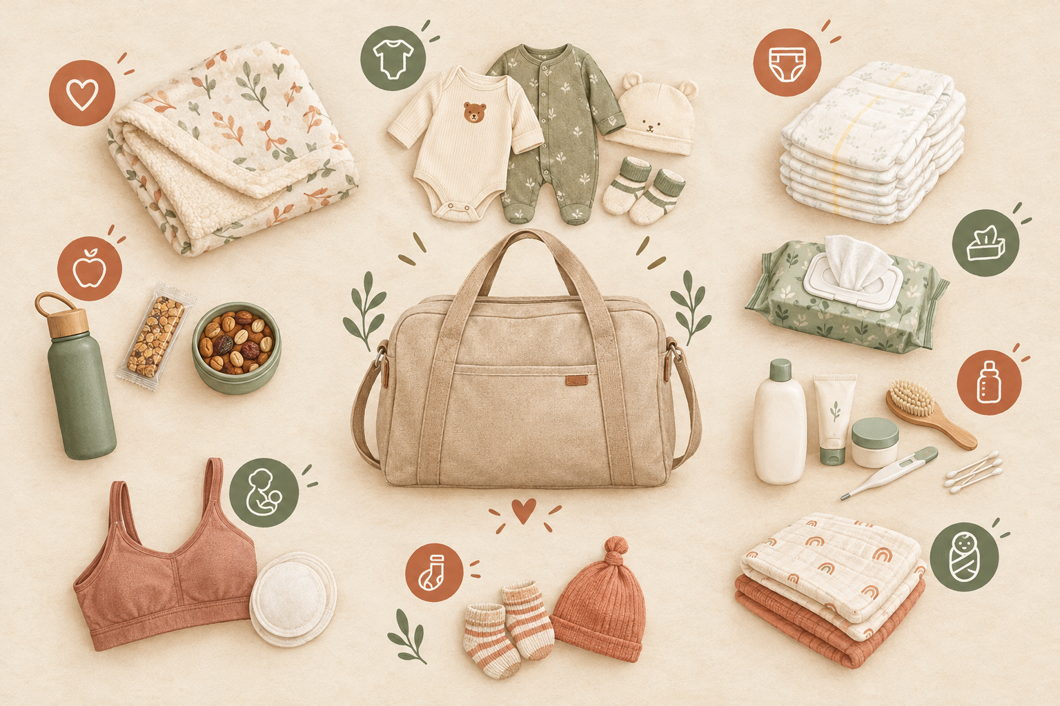 Infographic: Flat-lay infographic of a R500 Hatch Bag with its contents laid out and labelled with simple icons, warm neutral palette, friendly hand-drawn style for How Registry Gifting Helps Mothers in Need Across SA