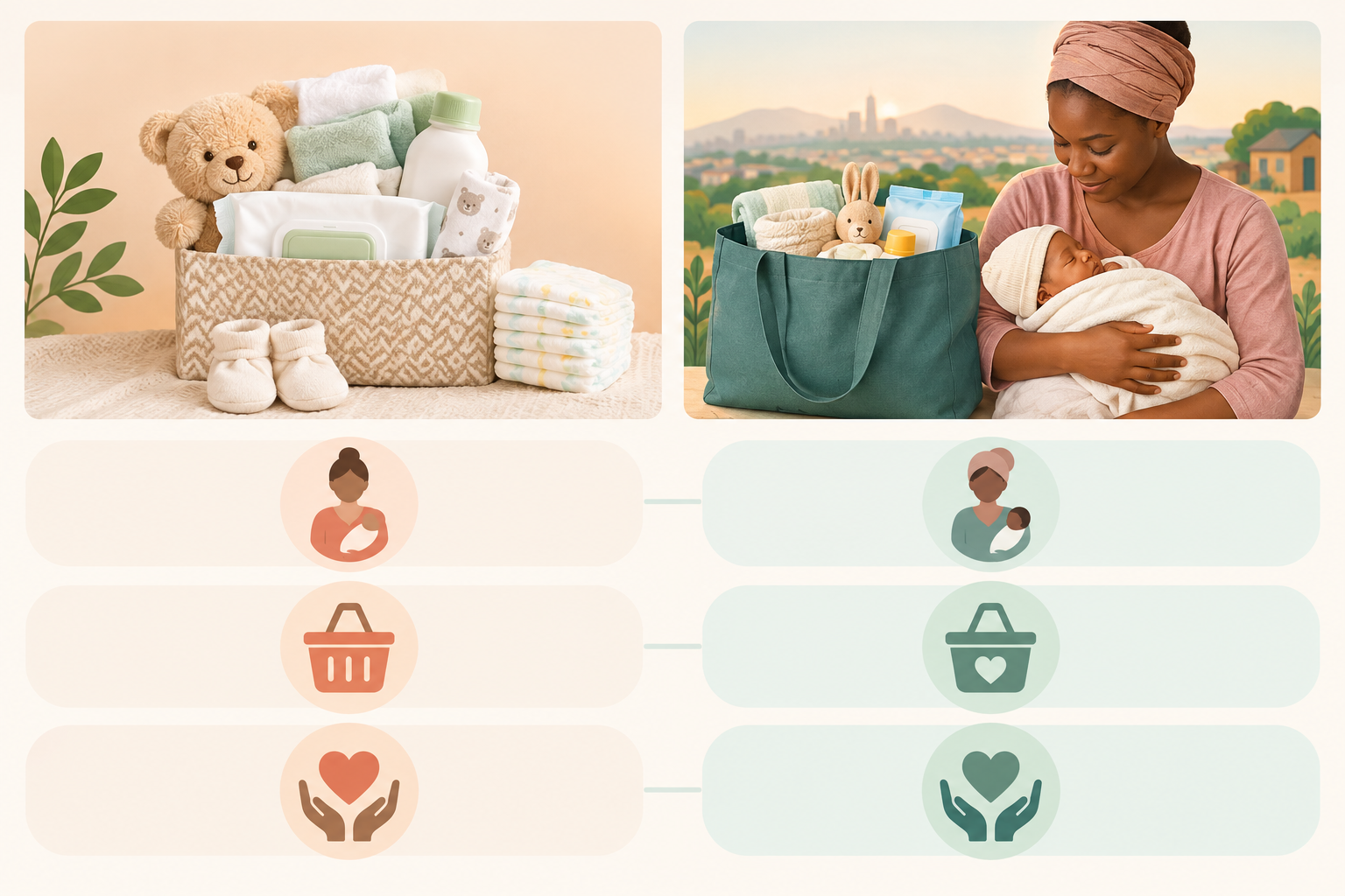 Comparison: Simple two-column comparison table graphic: product gift from a local retailer versus R500 Hatch Bag donation, comparing recipient, checkout, and impact, in soft brand-friendly colours for How Registry Gifting Helps Mothers in Need Across SA