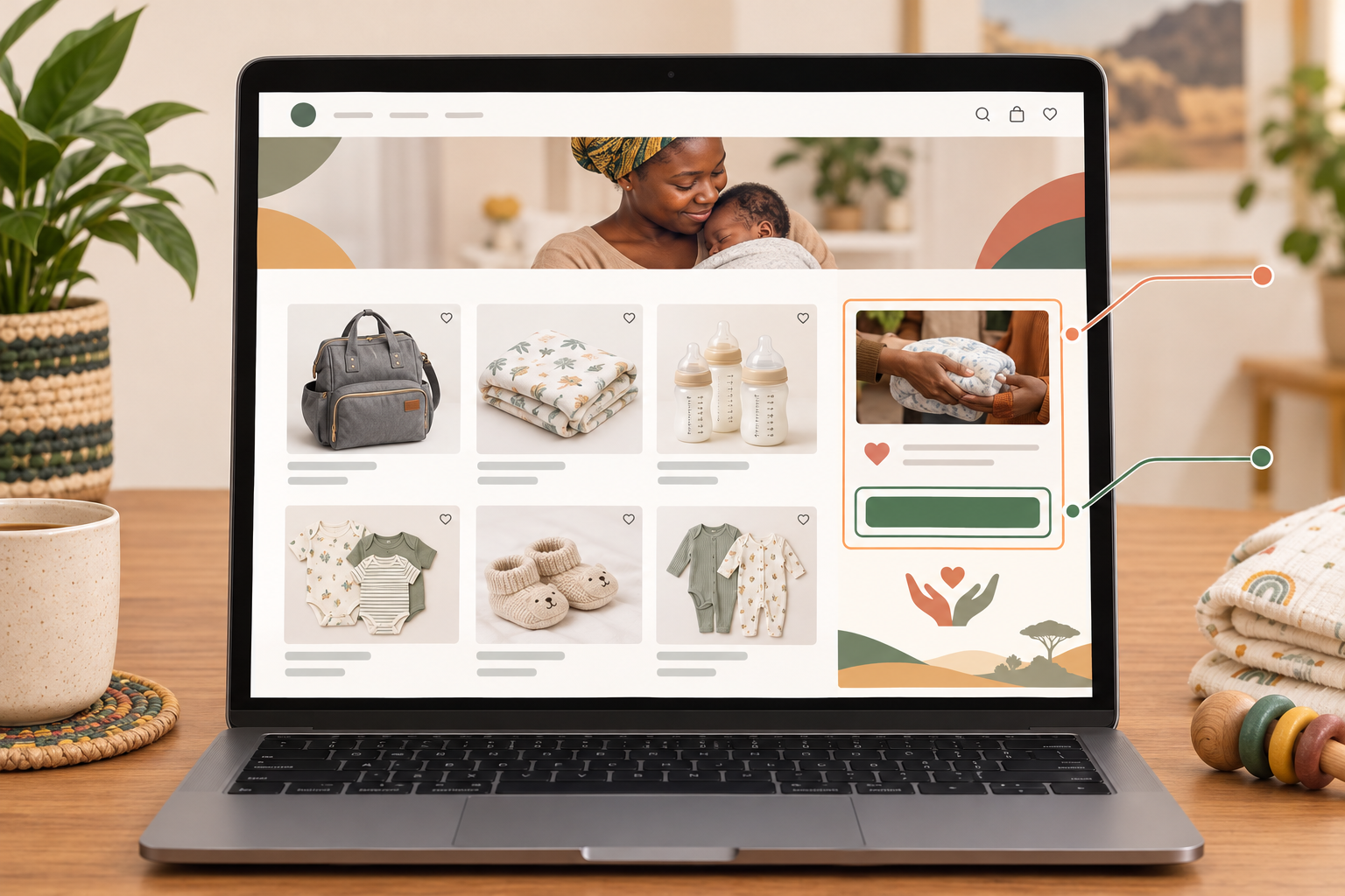 Illustration: Annotated screenshot mockup of a bababloom registry page showing a Hatch Bag listed alongside products from local South African stores, with callouts highlighting where guests can donate for How Registry Gifting Helps Mothers in Need Across SA