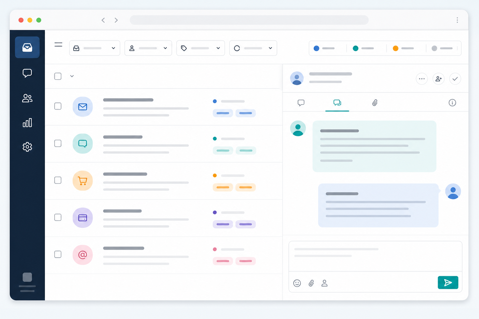 Illustration: A clean screenshot-style mockup of a shared inbox interface showing tagged tickets, filters, and an internal note thread between two team members for How Shopstar Streamlined Support Without Adding Agents