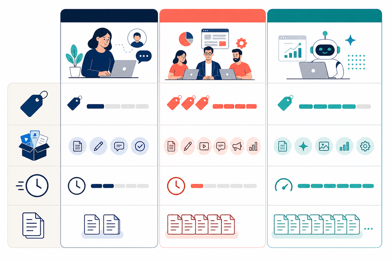 Comparison: Comparison table graphic showing cost, inclusions, turnaround, and monthly output differences between a freelance writer, an agency, and an AI content platform for How Small Businesses Can Compete With Big Content Budgets
