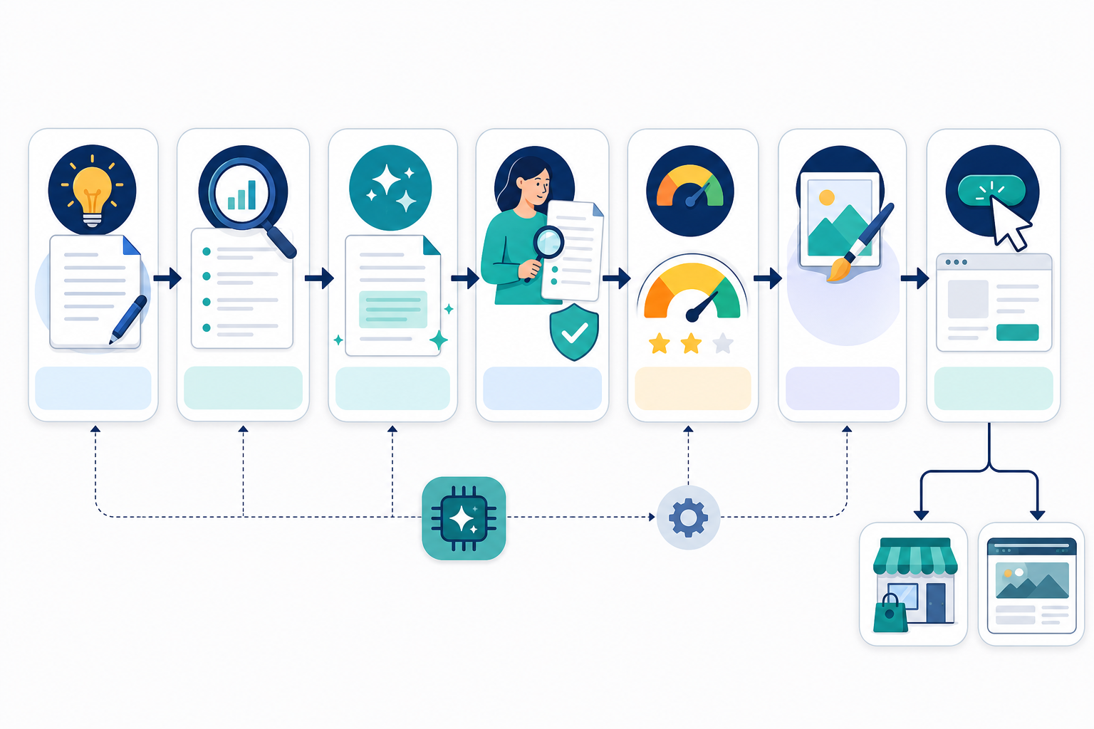 Diagram: Simple diagram showing the AI-assisted content workflow: topic input, keyword research, draft generation, human review and fact-check, quality scoring, image creation, and one-click publishing to platforms like Shopify and WordPress for How Small Businesses Can Compete With Big Content Budgets