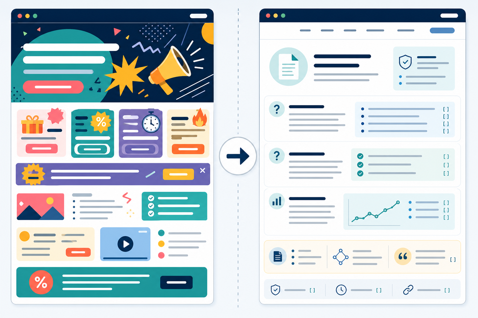 Diagram: A before-and-after side-by-side diagram showing a cluttered marketing-heavy webpage on the left and a clean, well-structured Q&A formatted page on the right, flat infographic style with subtle highlight boxes around headings and factual statements for How Solo Founders Can Get Cited by ChatGPT and Claude