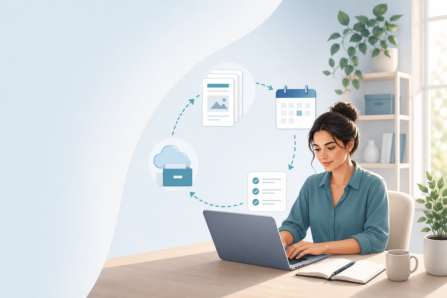 Illustration: A header image showing a solo entrepreneur at a laptop with a calm, organised workspace, subtle icons of documents, calendars, and a small automated workflow arrow suggesting an efficient one-person content operation for How Solopreneurs Can Scale Content Without Growing Their Team