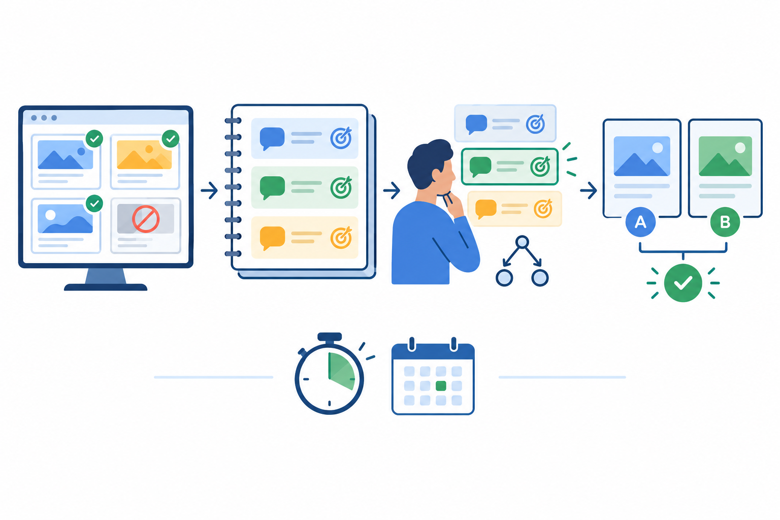 Infographic: A simple weekly workflow infographic in four steps: Check new and stopped ads, Log the angles, Decide one change, Test it, with a 30-45 minute timer icon and a calendar motif for How Startup Founders Use Competitor Ads to Sharpen Their Pitch