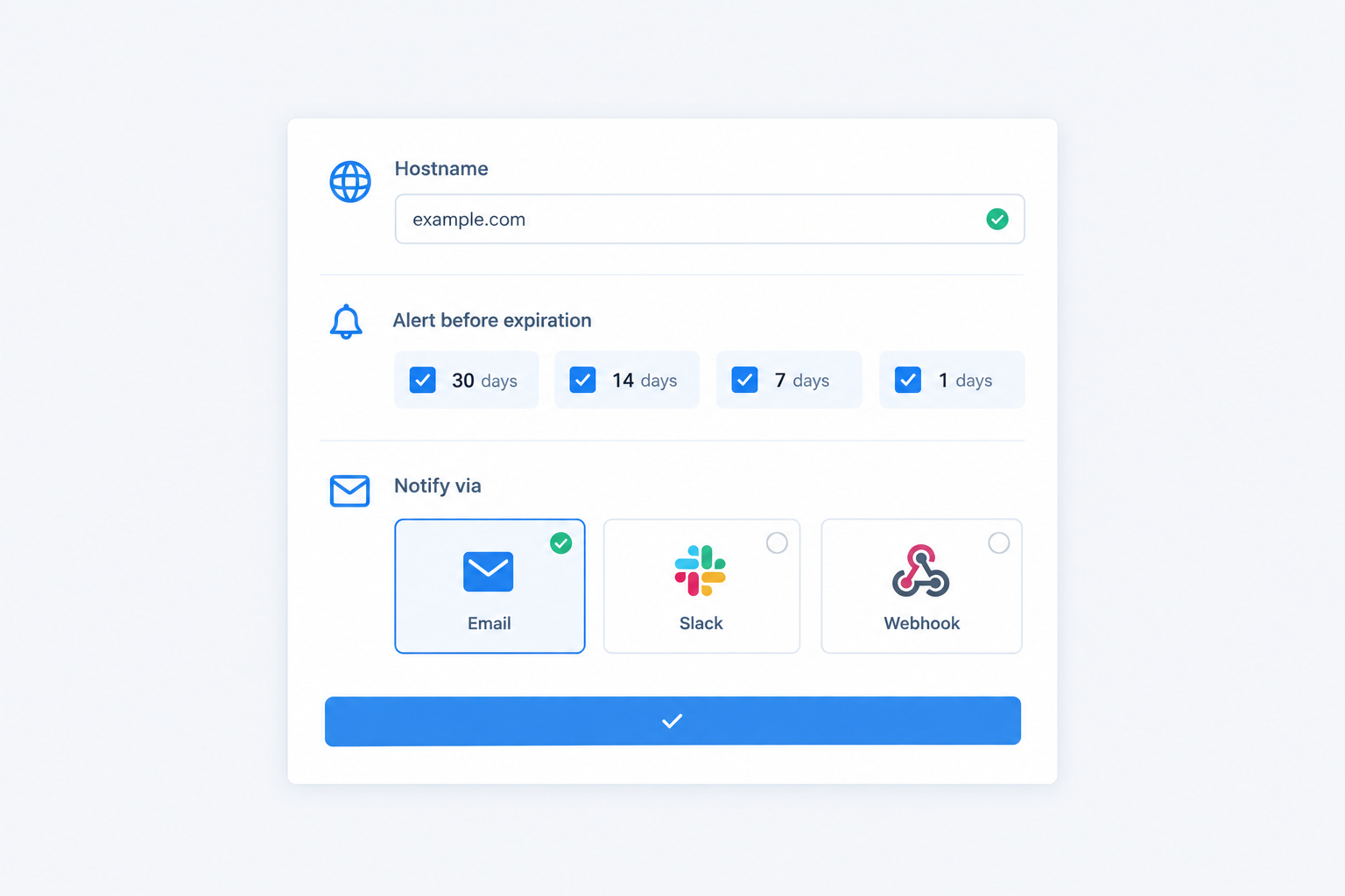 Illustration: style mockup of an SSL and domain expiration monitor setup screen showing a hostname field, alert threshold checkboxes for 30, 14, 7 and 1 days, and selectable notification channels (email, Slack, webhook) for How to Automate SSL Certificate Renewal Alerts Before Expiry