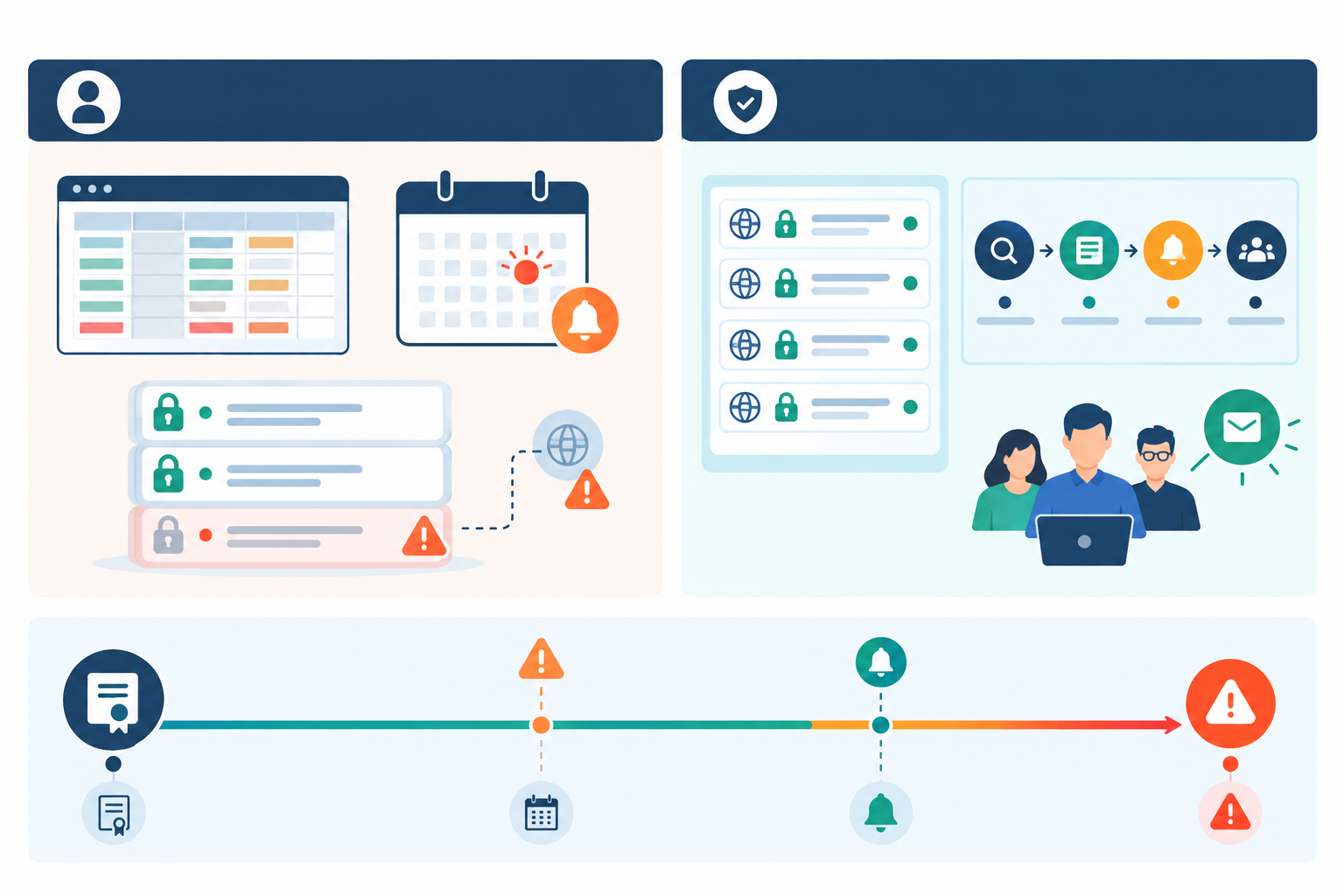 Infographic: Infographic contrasting manual tracking (spreadsheet, calendar reminder, forgotten subdomain) with automated SSL monitoring (live certificate checks, multi-stage alerts, team notifications), with a simple timeline showing where failures typically occur for How to Automate SSL Certificate Renewal Alerts Before Expiry