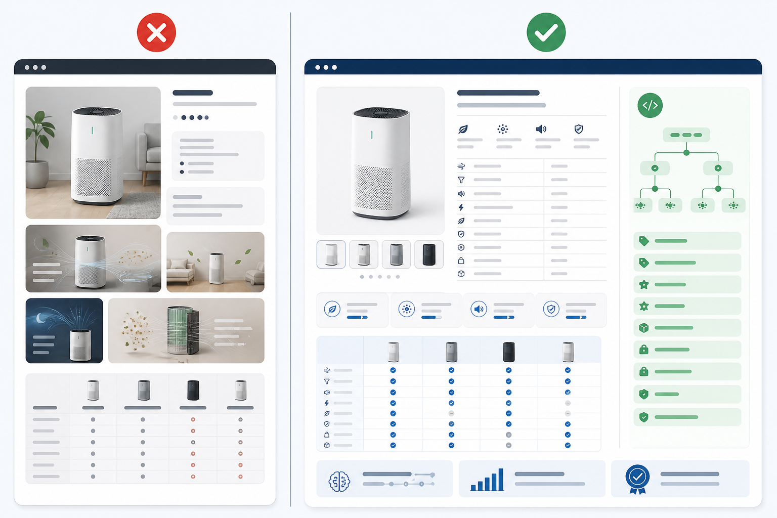 Infographic: A split-screen comparison infographic showing a poorly structured product page (specs in images, no schema markup) versus a well-optimised product page (clear text specs, structured data, comparison callouts), with checkmarks and crosses for How to Avoid Being Left Off AI-Generated Shopping Shortlists