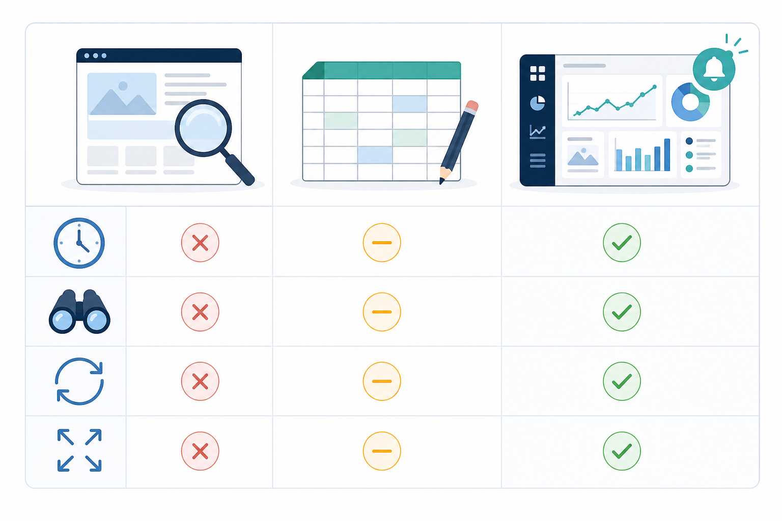 Comparison: A comparison table graphic contrasting manual ad library checking, spreadsheet tracking, and an automated ad intelligence dashboard, with checkmarks and X marks across criteria like time required, coverage, and consistency for How to Build a Competitor Ad Monitoring Workflow That Sticks